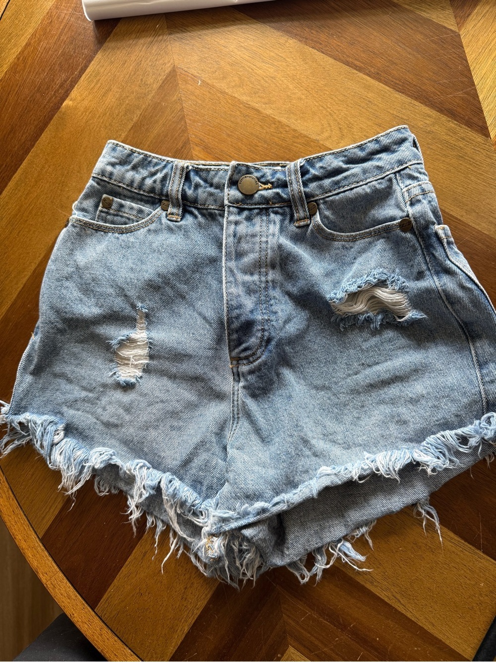 sisstrevolution Salt Lovin Distressed High-Rise Denim Shorts button fly